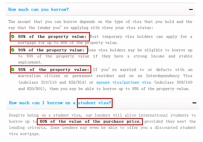 图为澳大利亚储蓄网（Deposits）于2016年5月发布的规定。持有不同签证种类可获得的购房贷款比例。大部分持有临时签证人士最高贷款比例是房产估值的80%，稳定高收入者可获批90%，持有与澳大利亚公民或永居人士关联签证者，最高可获得房价估值95%的贷款。持留学签证者，只要符合贷款条件，可最高获批80%的贷款