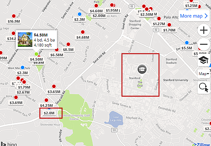 图为美国房产网站Zillow上发布的买房信息，设定留学生A在与上文租房位置相近的位置购房，购买房屋为两室公寓，房屋总价为200万美元