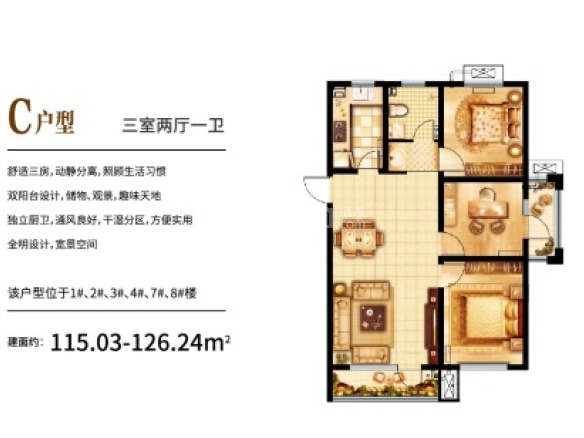 3室2厅1卫在售 建面 115m朝向南,北 约179万/套 阳台南北通透干湿不