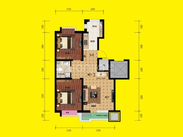 2室2厅1卫在售 建面 87m朝向南,北 约96万/套 户型方正公摊大