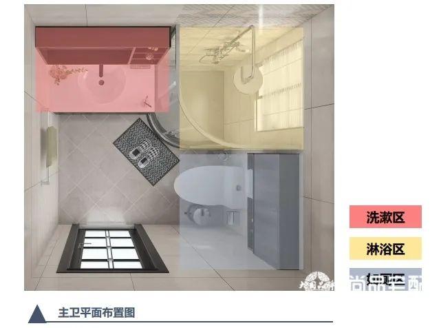 刚好可以采用l型布局,从左往右安排了 洗漱区 ,淋浴区,如厕区,功能