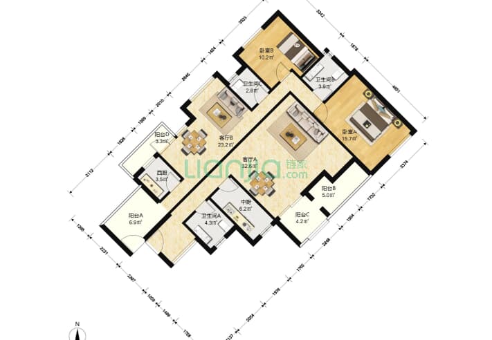 招商澜园 2室2厅3卫 151㎡ 户型(深圳链家网)