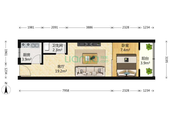 青年公寓 1室1厅1卫 45㎡ 户型