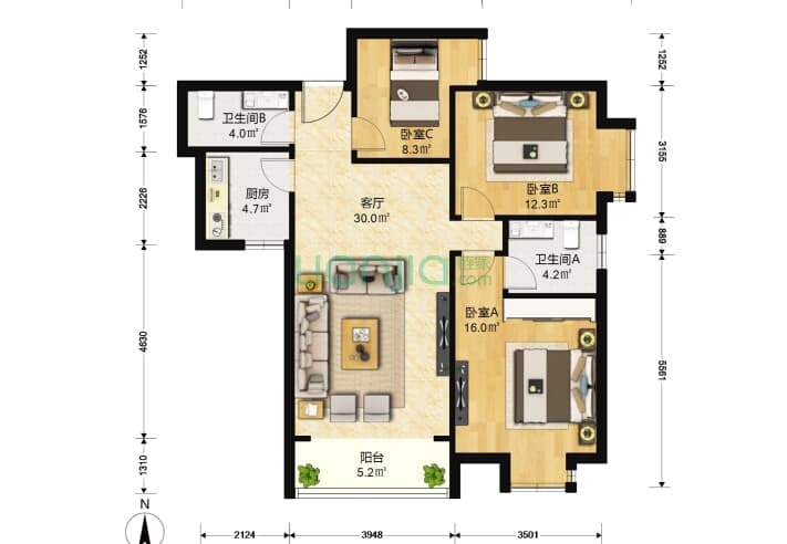 东贸国际 3室1厅2卫 117㎡ 户型