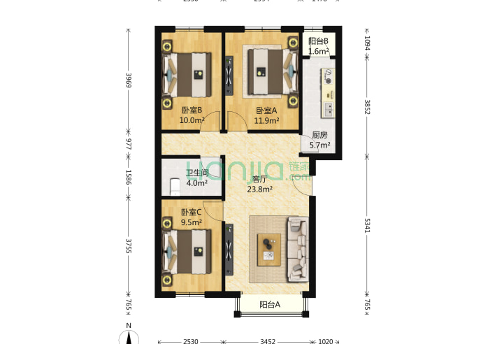 龙博苑一区小区 龙博苑一区户型大全 龙博苑一区 3室1厅1卫 户型分间