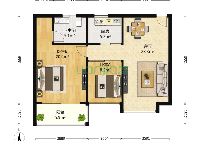 佳兆业香瑞园 2室1厅1卫 89㎡ 户型