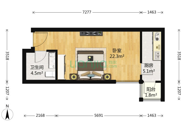 1室0厅1卫45.12-北京弘善家园户型图