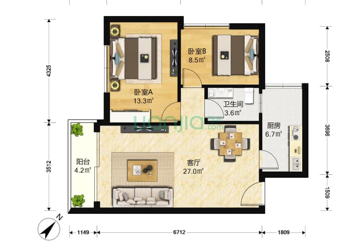 广信花园 2室1厅1卫 74㎡ 户型