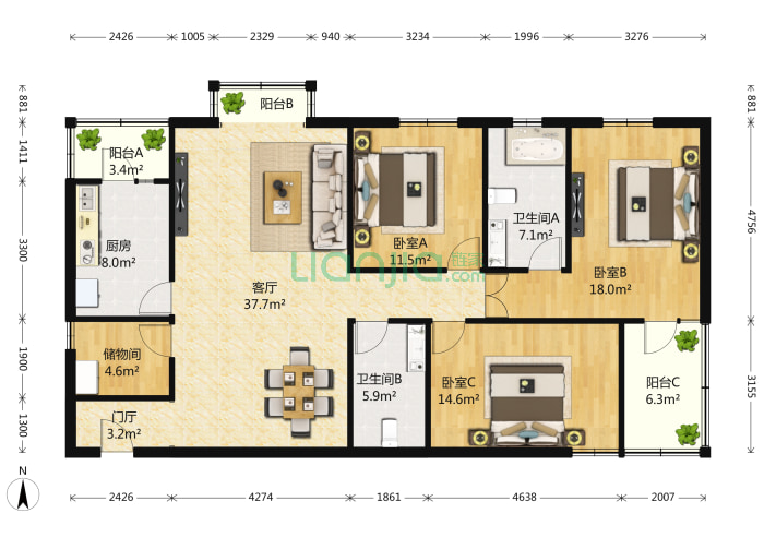 朝来绿色家园广华居 3室1厅2卫 149㎡ 户型