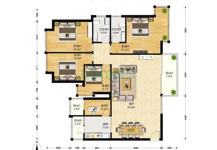 澳城花园 5室1厅2卫 181㎡ 户型