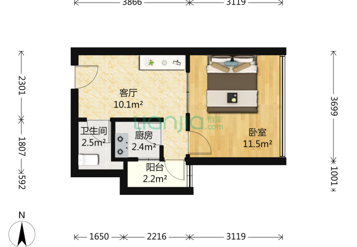 城市3米6公寓 1室1厅1卫 41㎡ 户型