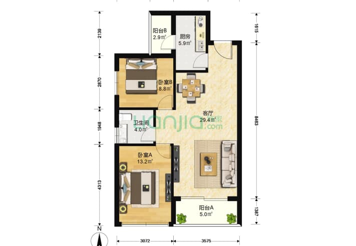 塘朗城广场东区 2室1厅1卫 86㎡ 户型