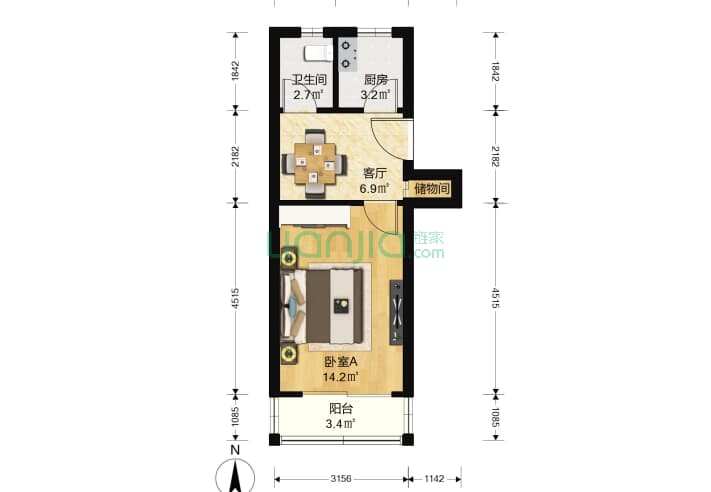 大阳沟59号 1室1厅1卫 40㎡ 户型(南京链家网)