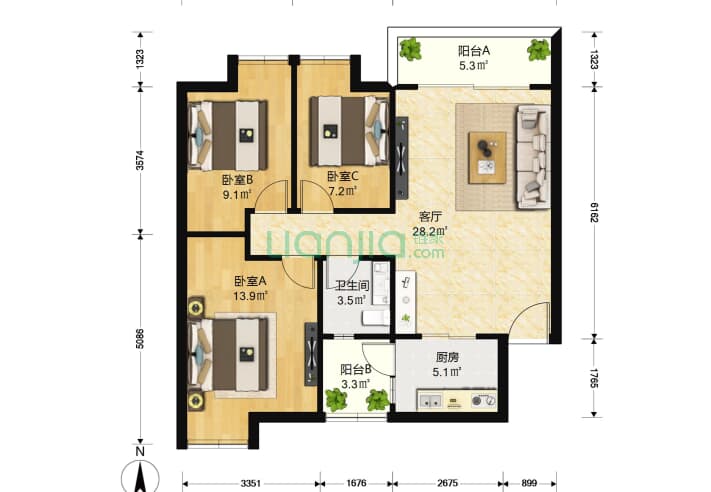 理想家园 3室1厅1卫 87 户型