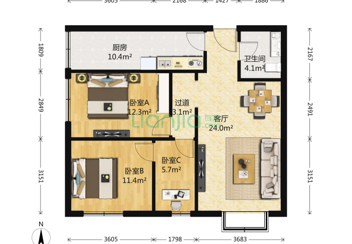 顺欣嘉园 3室1厅1卫 97㎡ 户型