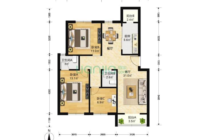 天合家园 3室1厅2卫 132㎡ 户型