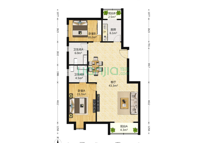 建工家园 2室1厅2卫 116㎡ 户型