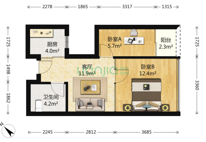 丽湾国际公寓 2室1厅1卫 45 户型(深圳链家网)