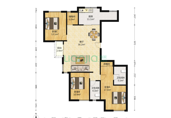 3室1厅2卫142.31-南京金陵雅颂居户型图