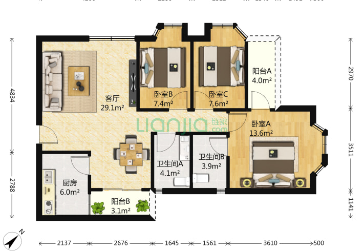 万象新园 3室1厅2卫 105㎡ 户型