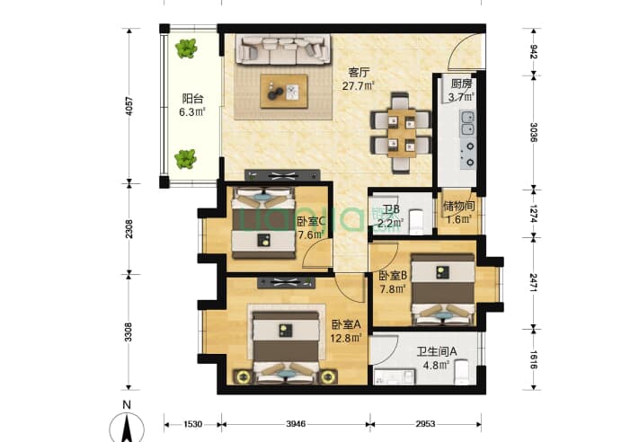 金祥都市花园 3室1厅2卫 86㎡ 户型