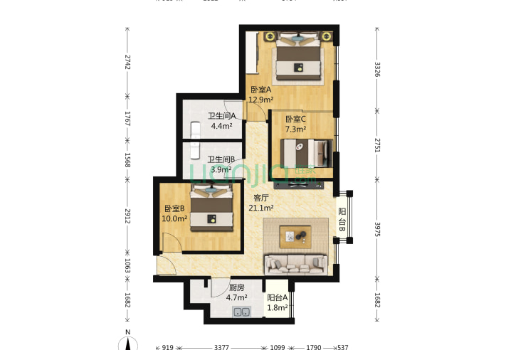 蝶翠华庭 3室1厅2卫 101 户型(北京链家网)