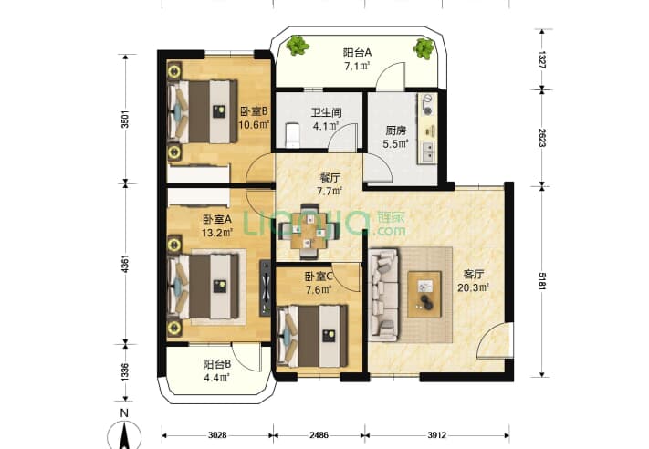 金景花园 3室2厅1卫 97㎡ 户型