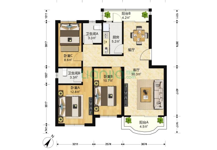 东和花园 3室1厅2卫 99㎡ 户型