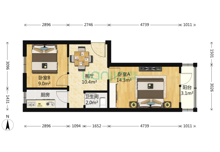 石榴园北里小区 2室1厅1卫 59 户型