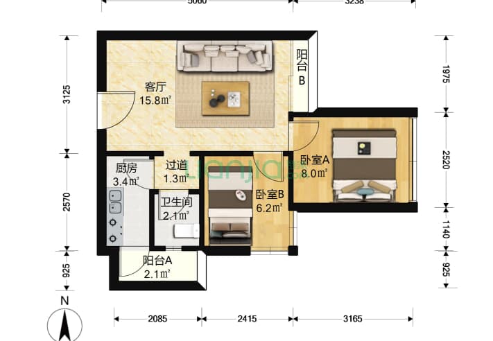 中海阳光玫瑰园 2室1厅1卫 53㎡ 户型