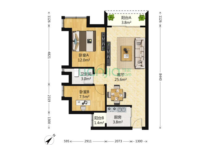 信和自由广场 2室1厅1卫 70㎡ 户型