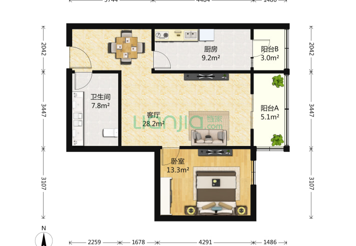 东升园 1室1厅1卫 88㎡ 户型