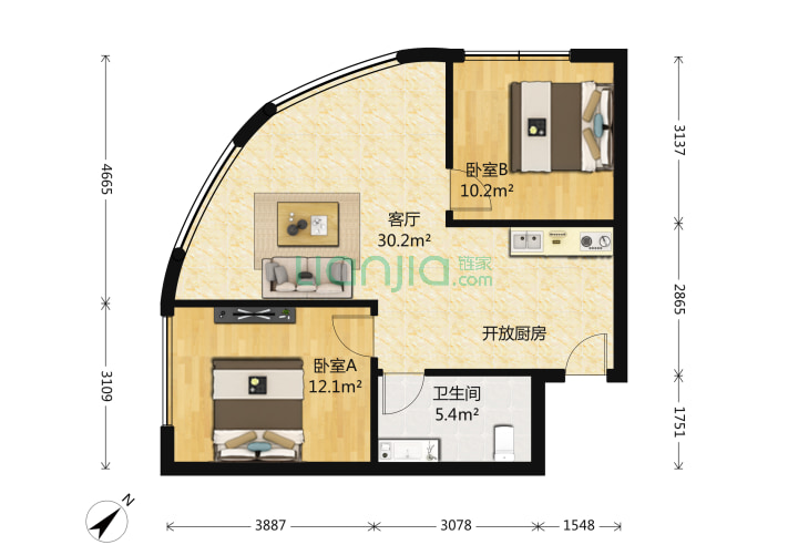 2室1厅1卫95.02㎡-天津大悦公寓户型图