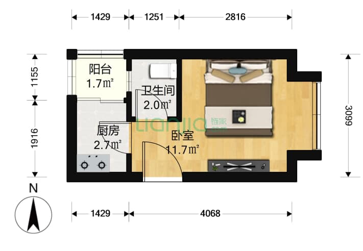 东方美地苑 1室0厅1卫 23㎡ 户型