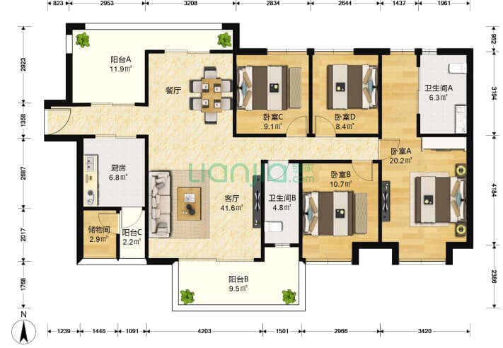 大冲城市花园 4室1厅2卫 175㎡ 户型