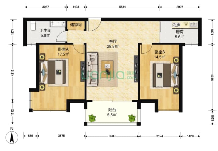 嘉业阳光城天景苑一期 2室1厅1卫 99 户型(南京链家网)