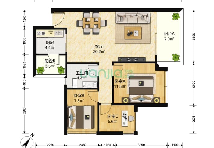 中海阳光玫瑰园 3室1厅1卫 78㎡ 户型