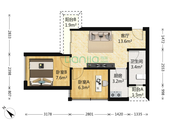 中海阳光玫瑰园 2室1厅1卫 52㎡ 户型