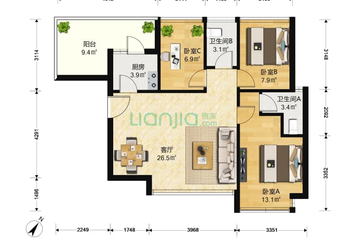 金地梅陇镇三期 3室1厅2卫 87 户型