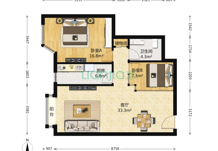 京贸国际公寓 2室1厅1卫 95㎡ 户型