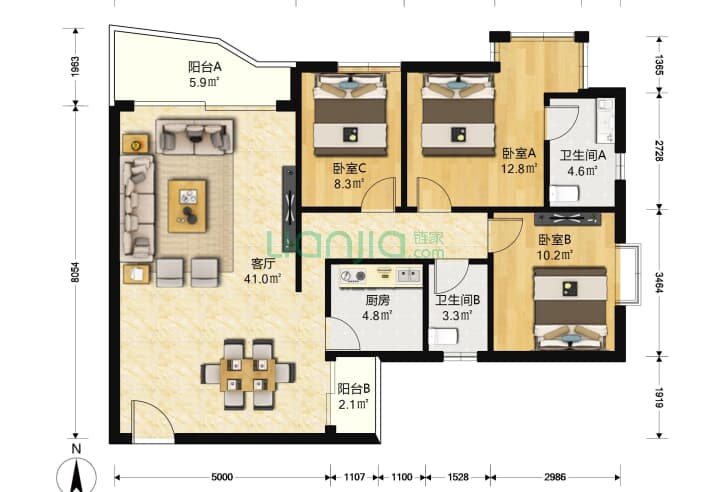 名门世家 3室1厅2卫 128㎡ 户型