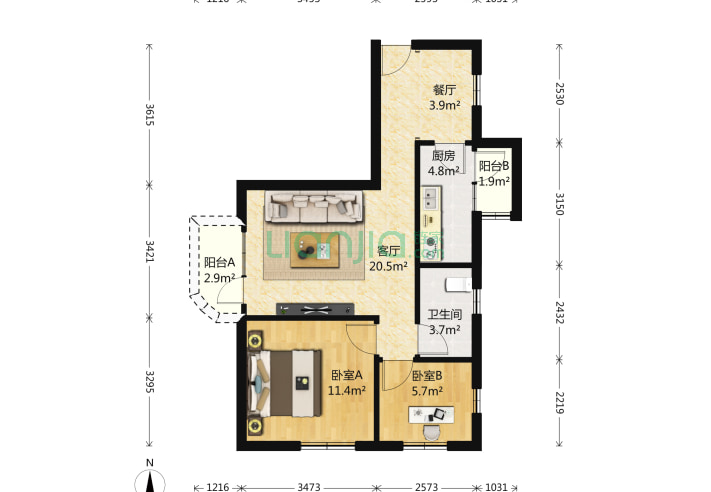 梅林三村 2室2厅1卫 73㎡ 户型