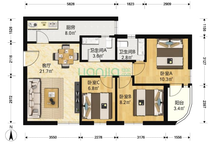 海丽大厦 3室1厅2卫 101㎡ 户型