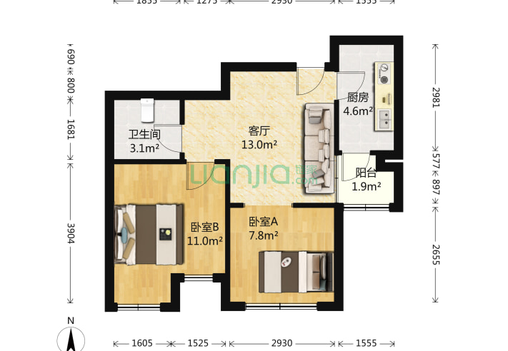 和苑家园国和园 2室1厅1卫 64 户型