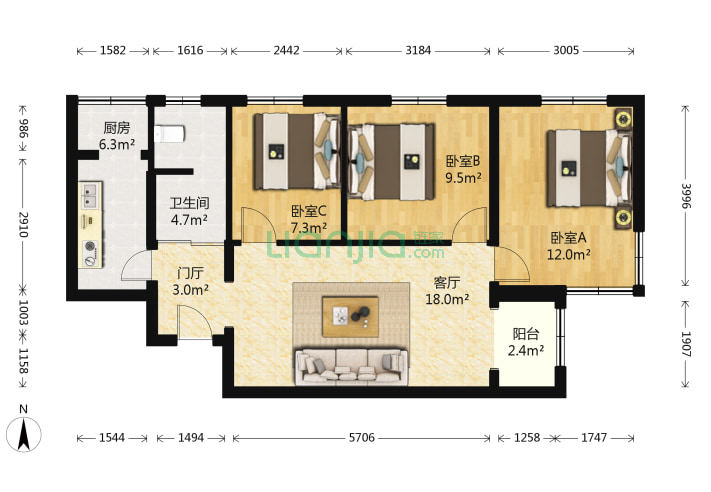 3室1厅1卫84.8-北京三里河一区2号院户型图