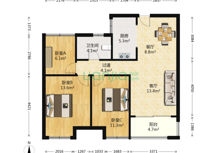 3室2厅1卫88.11㎡-南京中国铁建青秀城户型图