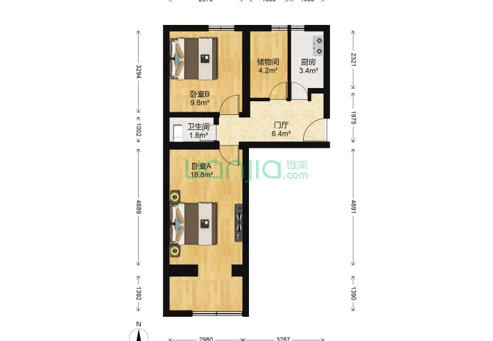 2室0厅1卫53.05㎡-北京顺源里户型图