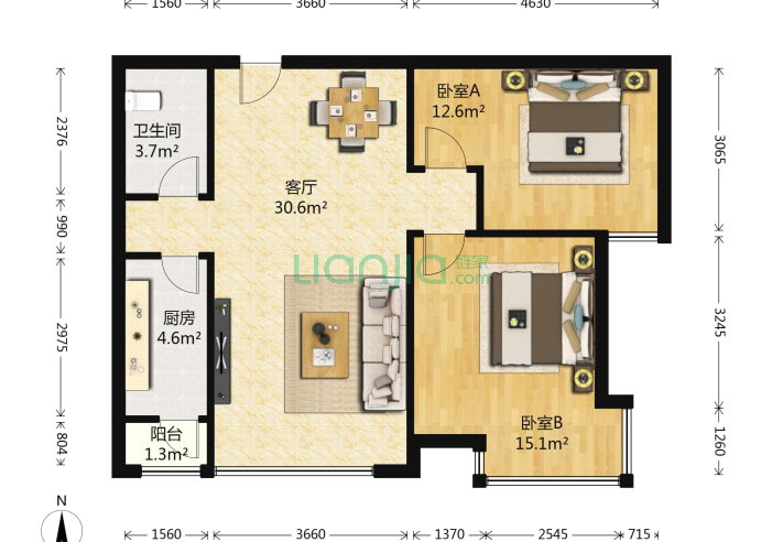 2室1厅1卫90.56-北京合生滨江帝景户型图