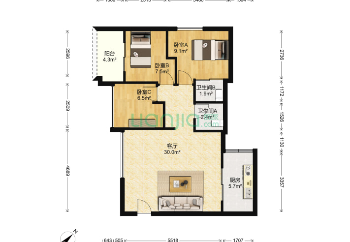 3室1厅2卫86.66㎡-深圳特发和平里二期户型图