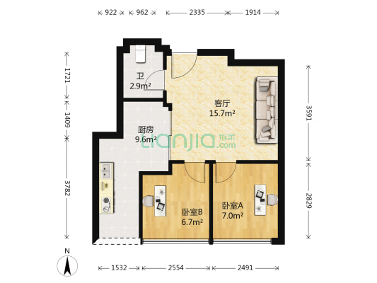 广电华府,正规小两房,住家安静,你来我在链家等您-户型图